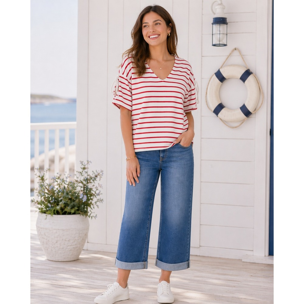 Jane and Delancey Top Womens Small White Pink Stripe Nautical Rope Shoulder Knit